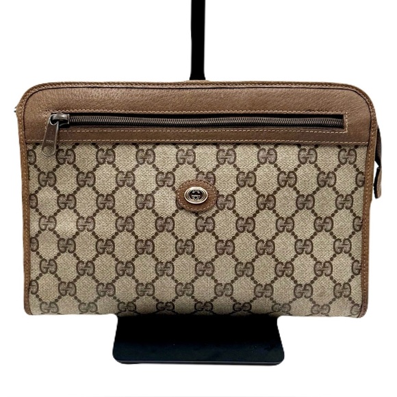 Gucci Handbags - GUCCI GG Supreme Clutch Bag Purse Beige Brown Monogram Gold Hardware